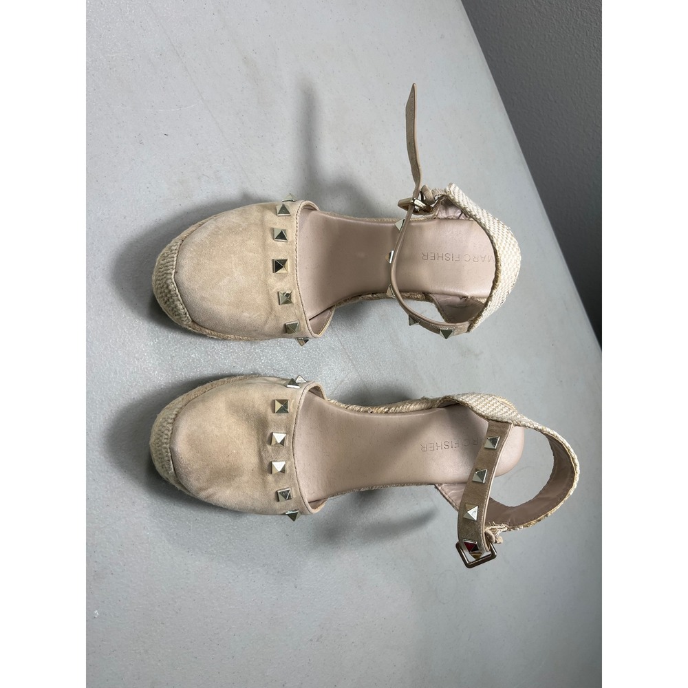 Marc Fisher SAKLINA Size 6 Beige Studded Espadrille Wedge Ankle Strap Sandals